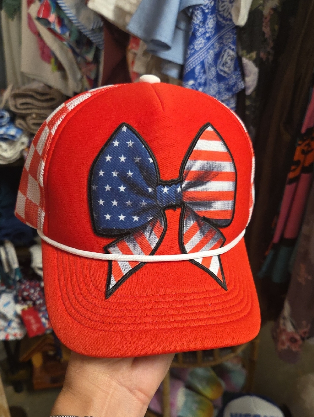 Red Trucker Hat with American Flag Bow